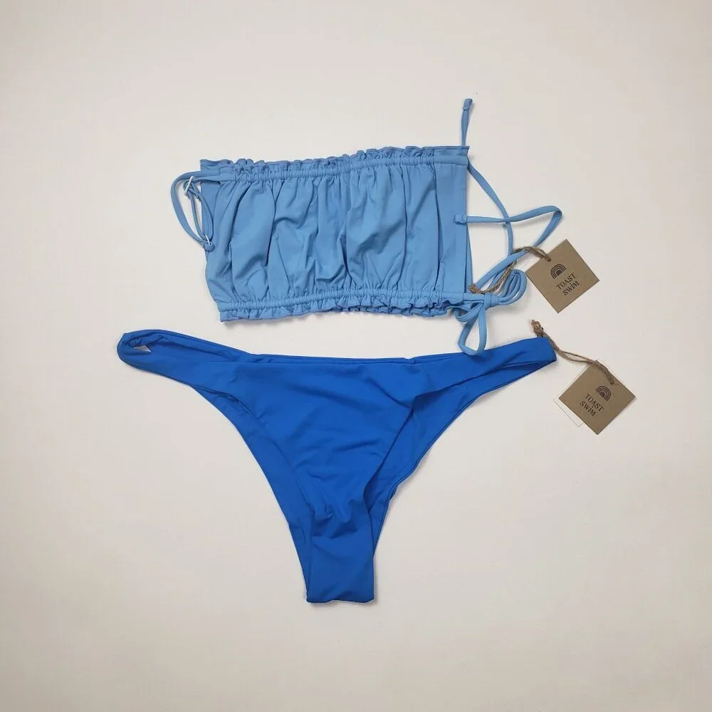 FP X Toast Swim Signature Ruffle Bandeau Top & High Hip Bottom Set XL Sky/Cobolt - Picture 13 of 15